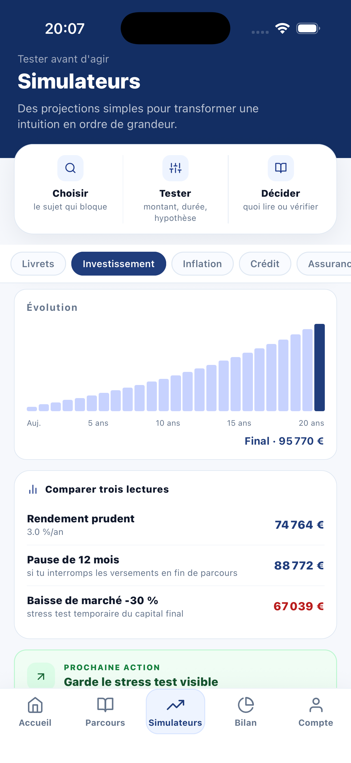 Capture réelle des simulateurs de l'application Mon Petit Capital